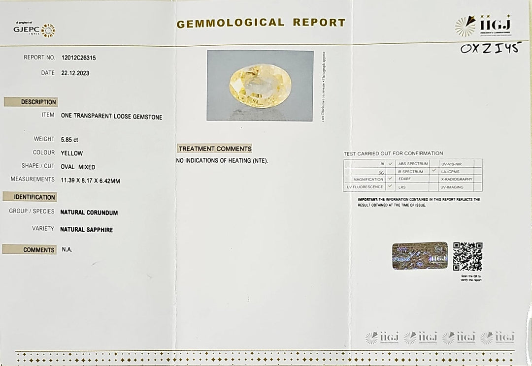 Certified Yellow Sapphire (Pukhraj) 5.85 Cts (6.44 Ratti) Sri Lanka (Ceylon)