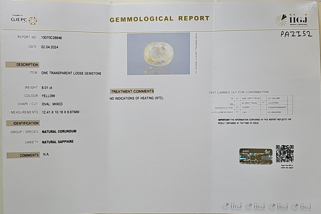 Yellow Sapphire (Pukhraj) 8.00 Cts (8.80 Ratti) Sri Lanka (Ceylon)