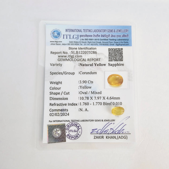 Certified Yellow Sapphire (Pukhraj) 3.85 Cts (4.23 Ratti) Thailand