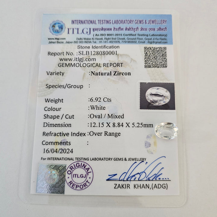 Certified White Zircon 6.91 Cts (7.60 Ratti)