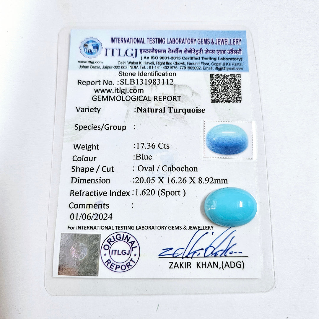 Certified Arizona Turquoise (Firoza) Oval 17.36 Cts (19.09 Ratti)