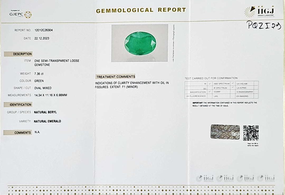 Certified Zambian Emerald (Panna) 7.36 Carats (8.10 Ratti) Zambia