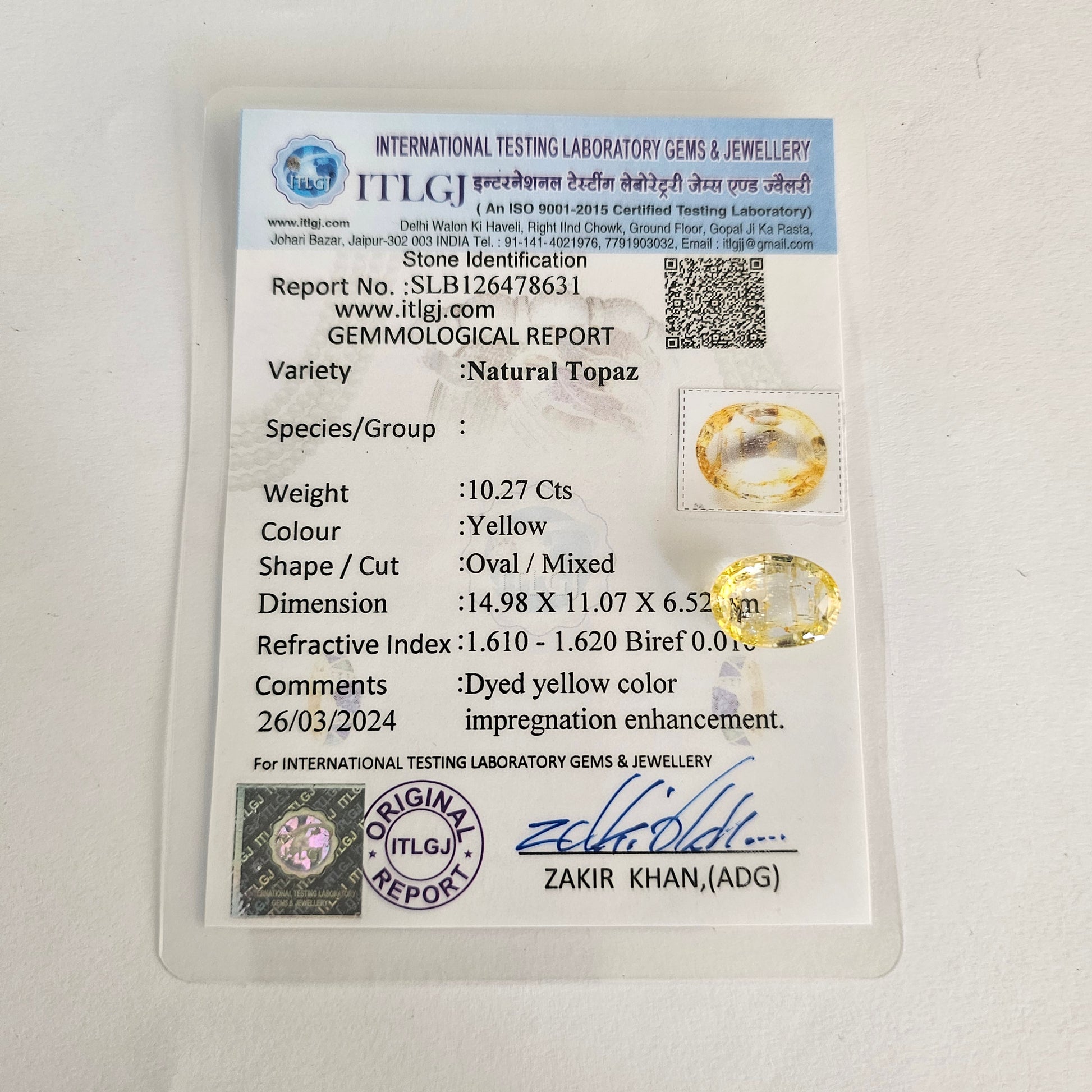 Certified Yellow Topaz 10.27 Cts (11.29 Ratti) PQZI51