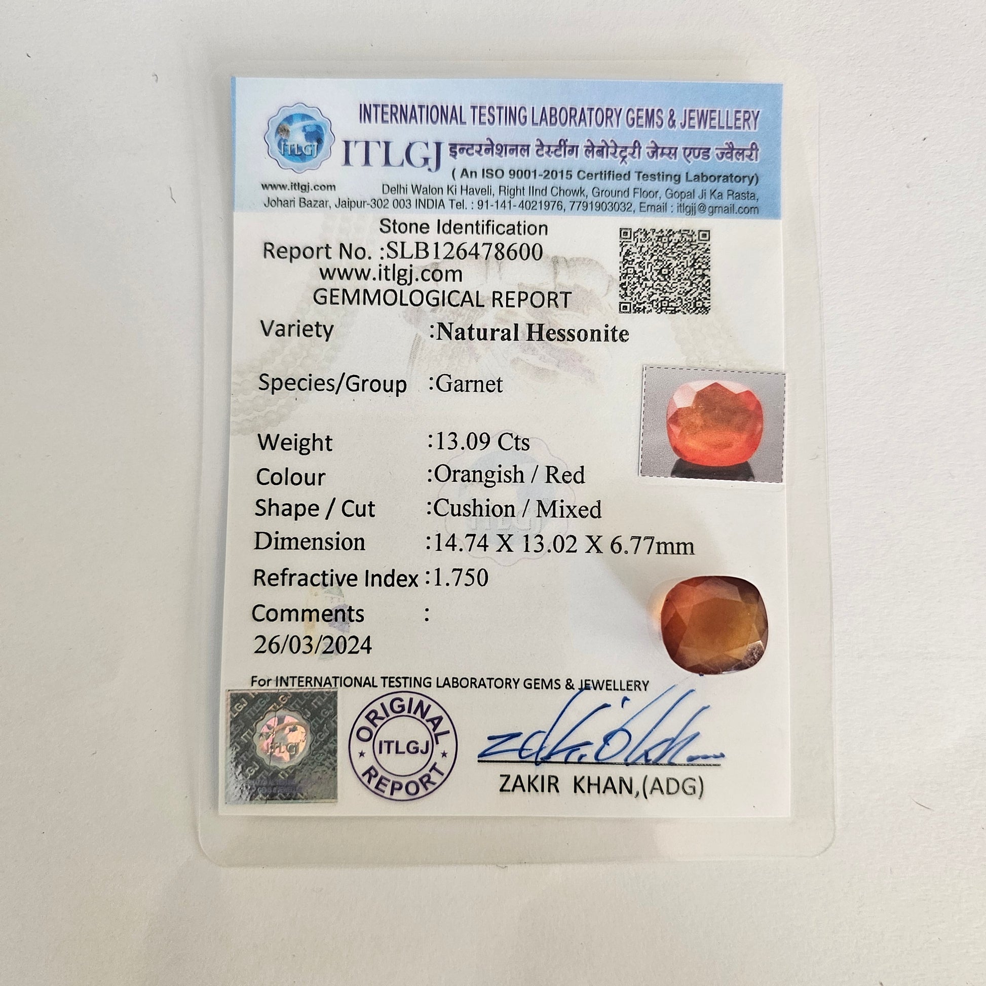 Certified Hessonite (Gomed) 13.09 Cts (14.39 Ratti) Sri Lanka (Ceylon) PWZI21