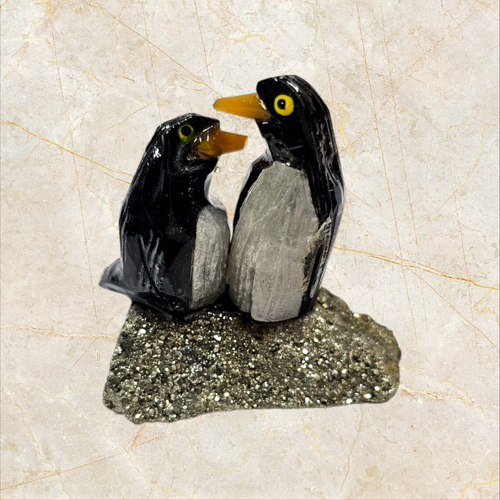 Carved Agate Penguin on Pyrite (Penguin6)