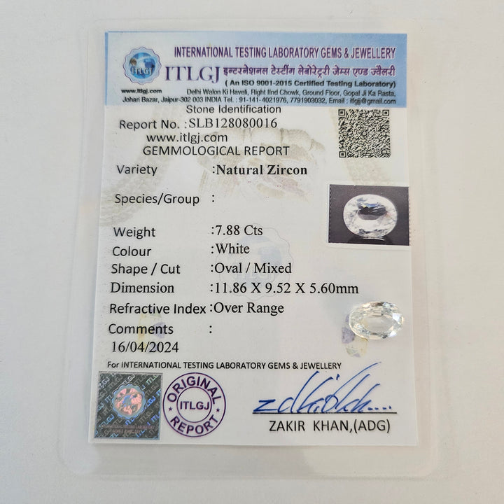 Certified White Zircon 8.66 Cts (7.87 Ratti)