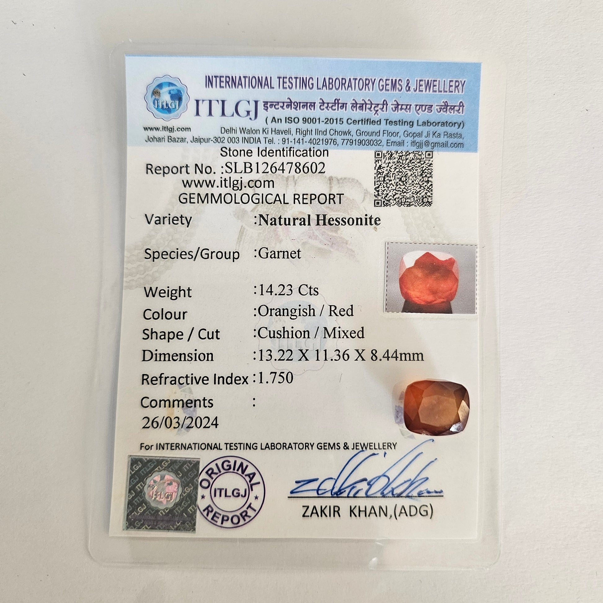 Certified Hessonite (Gomed) 14.23 Cts (15.65 Ratti) India QOZI81