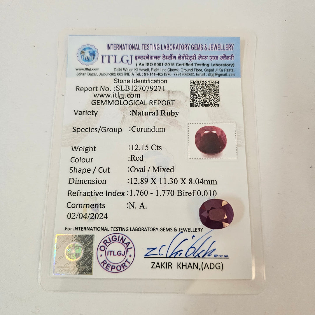 Certified Ruby (Manik) 12.11 Cartas (13.32 Ratti)