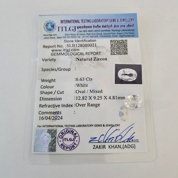 Certified White Zircon 6.62 Cts (7.28 Ratti)