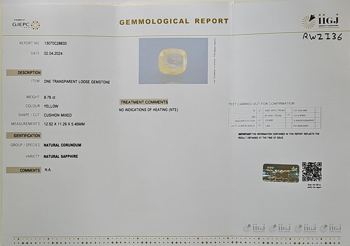 Yellow Sapphire (Pukhraj) 8.75 Cts (9.63 Ratti) Sri Lanka (Ceylon)