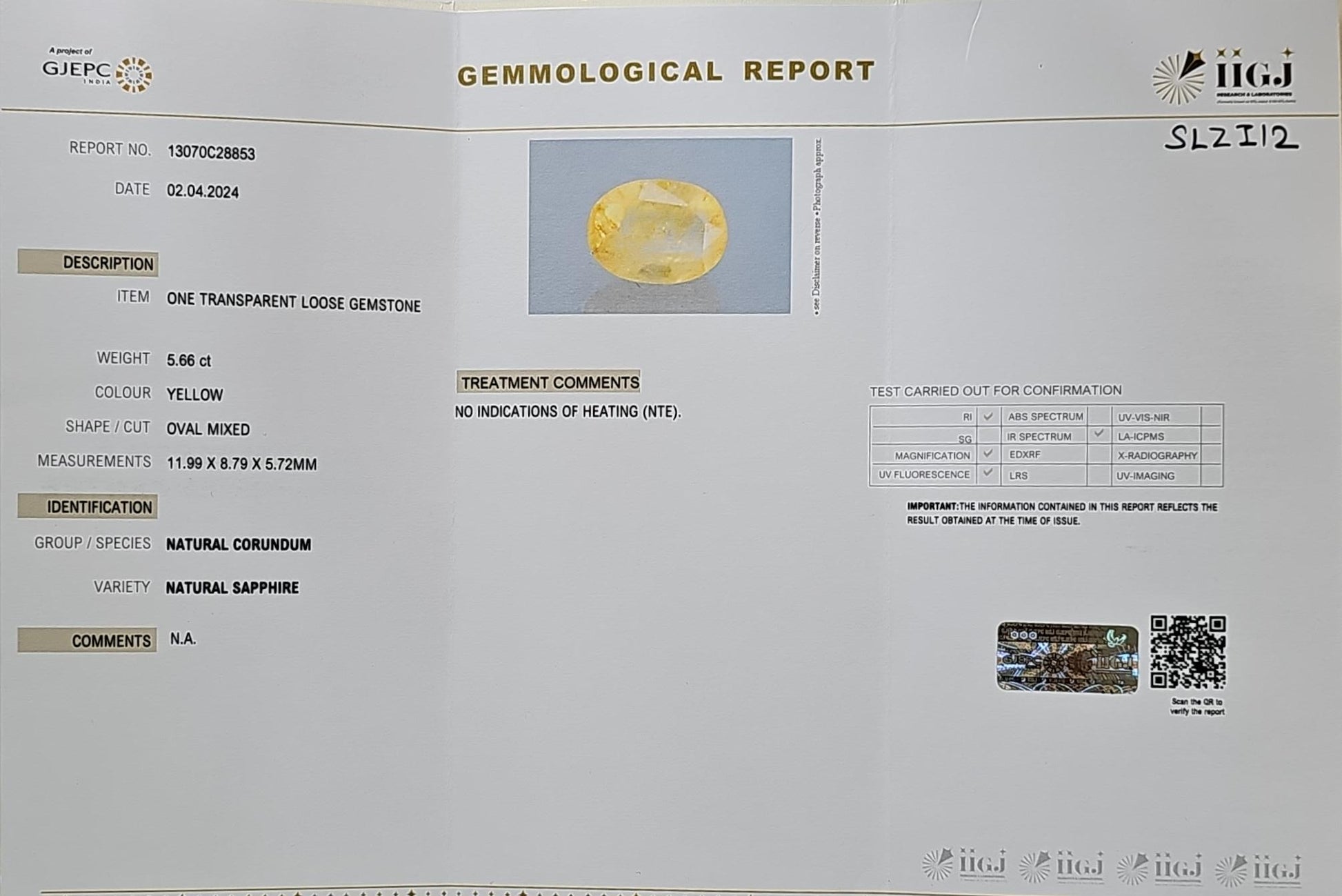 Certified Yellow Sapphire-5.66 Carats (6.22 Ratti) Sri Lanka (Ceylon), SKU: SLZI12