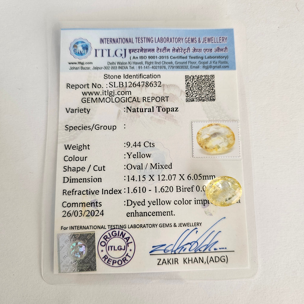 Certified Yellow Topaz 9.45 Cts (10.40 Ratti)