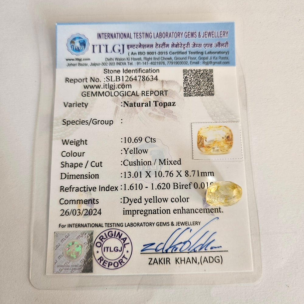 Certified Yellow Topaz 10.70 Cts (11.77 Ratti)