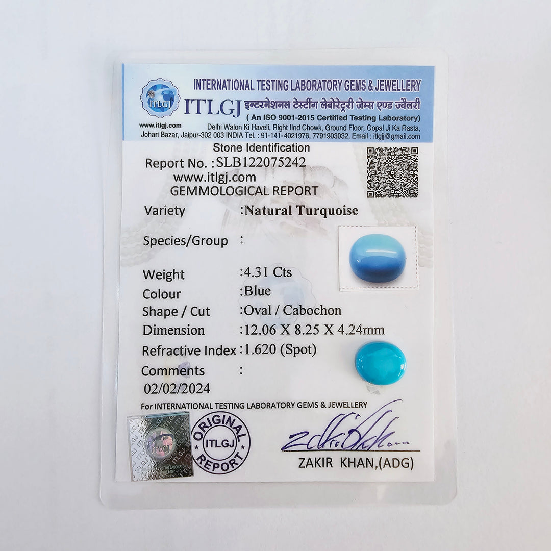 Certified Arizona Turquoise (Firoza) Oval 3.85 Cts (4.23 Ratti)