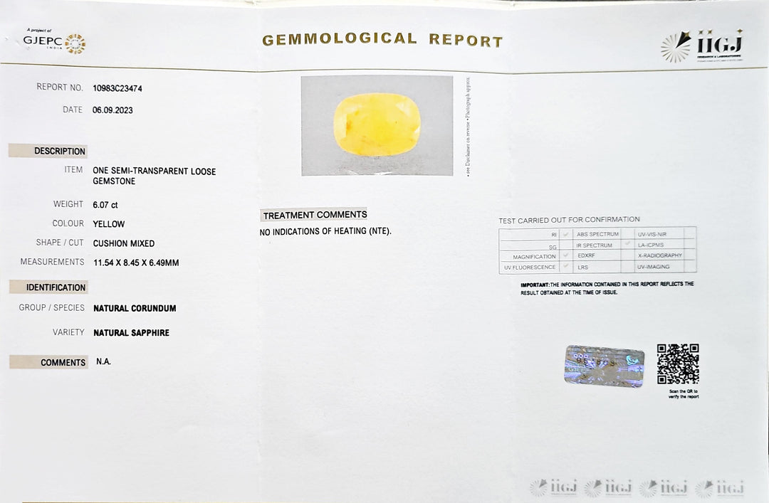 Yellow Sapphire (Pukhraj) 6.07 Cts (6.68 Ratti) Burma