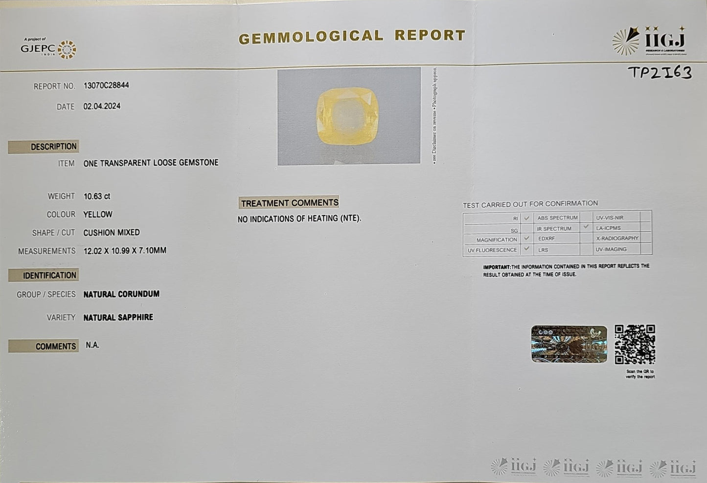 Certified Yellow Sapphire-10.63 Carats (11.69 Ratti) Sri Lanka (Ceylon), SKU:TPZI63