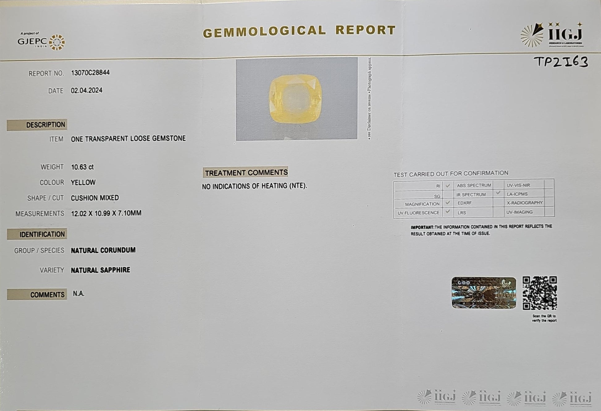 Certified Yellow Sapphire-10.63 Carats (11.69 Ratti) Sri Lanka (Ceylon), SKU:TPZI63