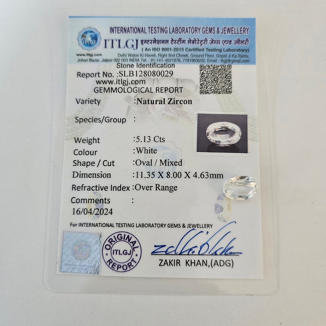 Certified White Zircon 5.14 Cts (5.65 Ratti)