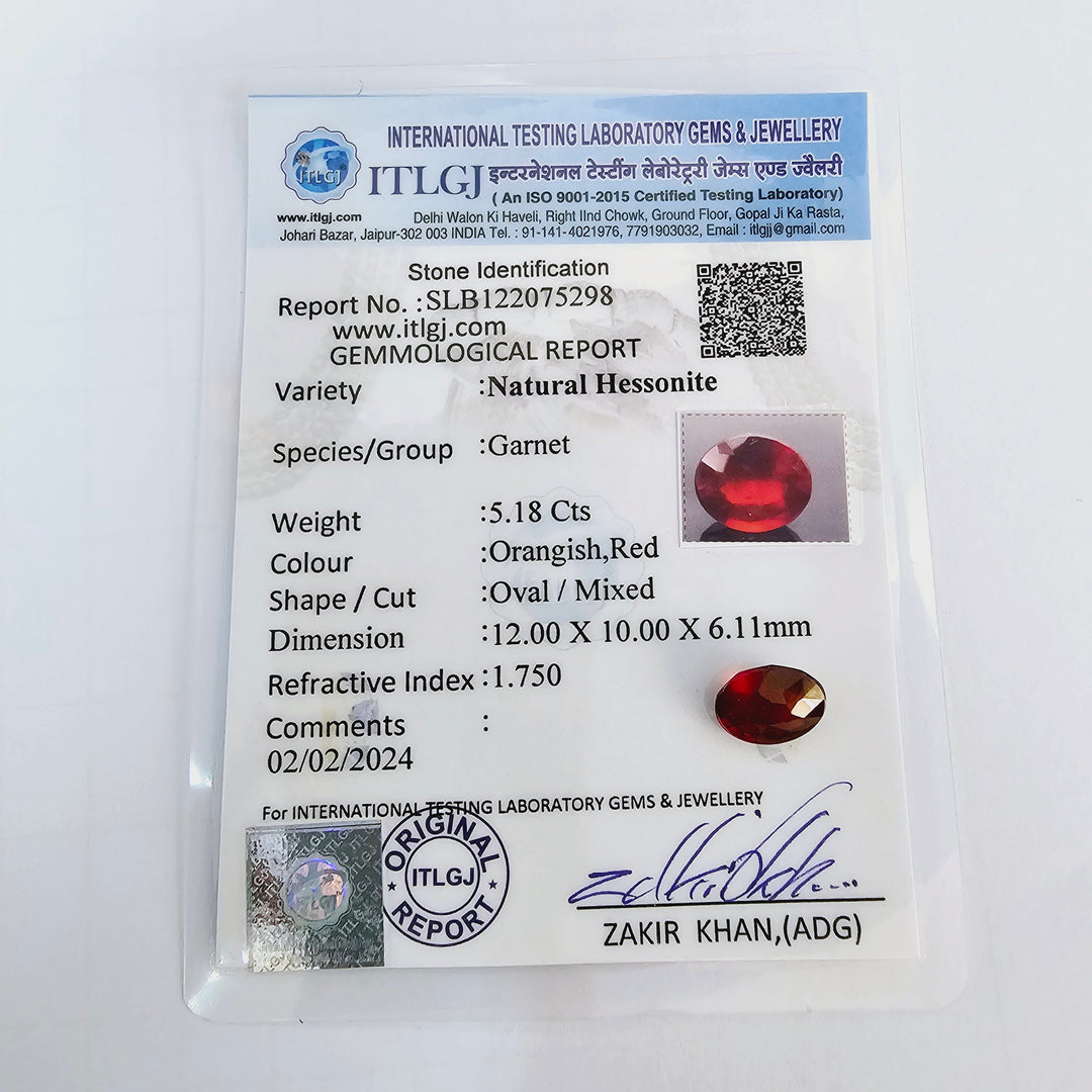 Certified Hessonite (Gomed) 4.90 Cts (5.39 Ratti)