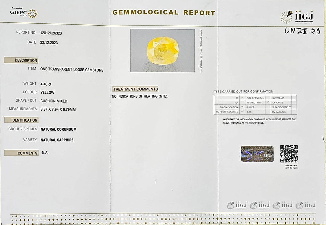 Certified Yellow Sapphire (Pukhraj) 4.40 Cts (4.84 Ratti) Sri Lanka (Ceylon)