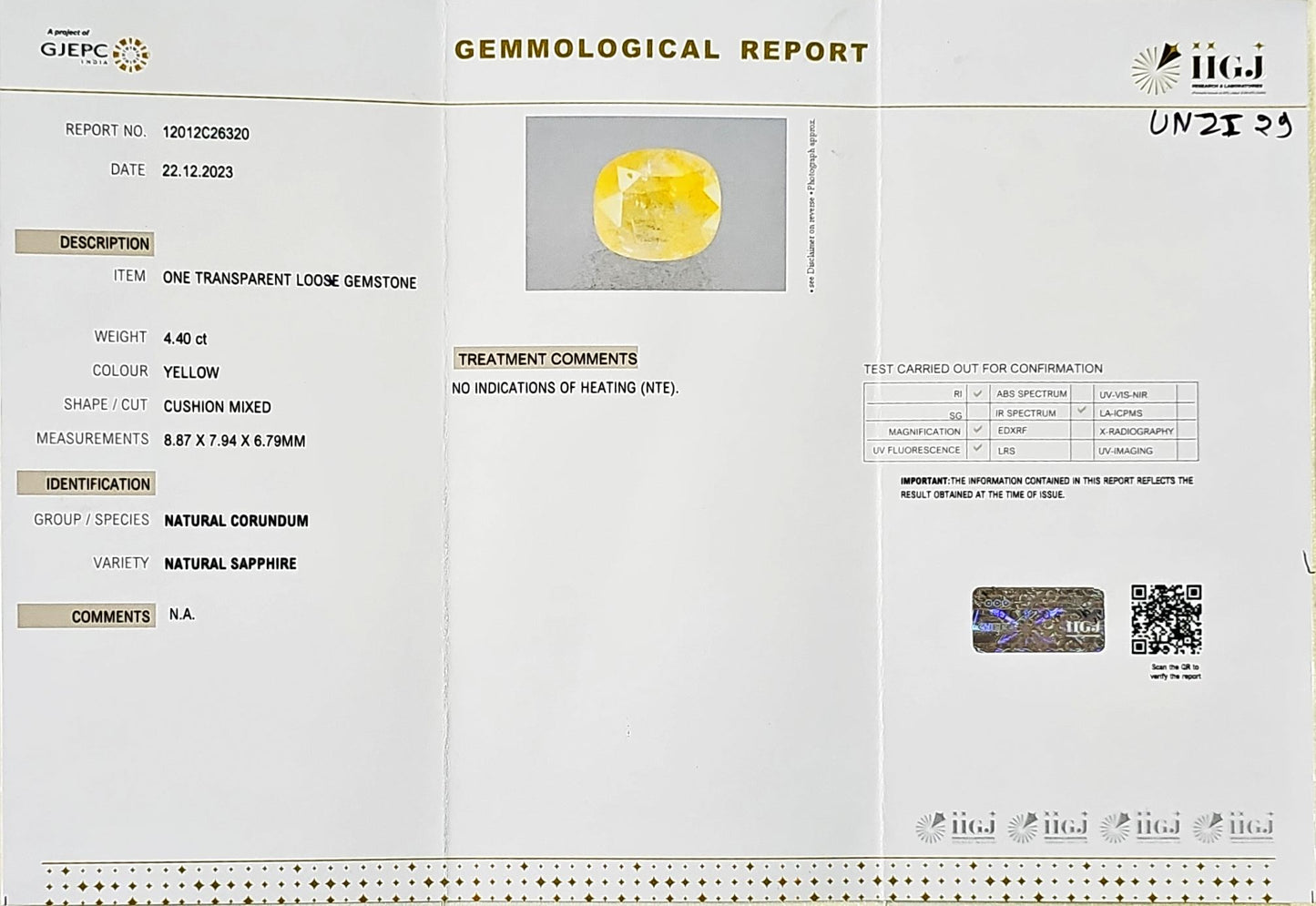 Certified Yellow Sapphire-4.40 Carats (4.84 Ratti) Sri Lanka (Ceylon), SKU:UNZI29