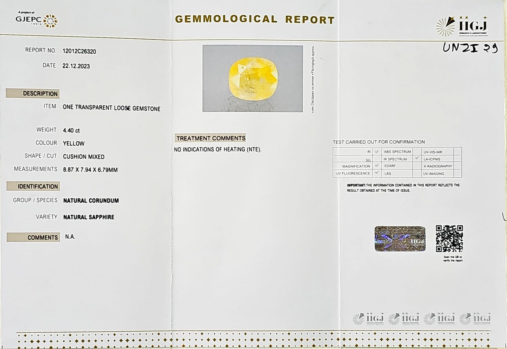 Certified Yellow Sapphire-4.40 Carats (4.84 Ratti) Sri Lanka (Ceylon), SKU:UNZI29