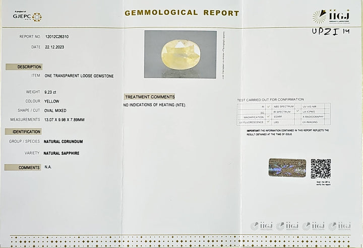 Certified Yellow Sapphire (Pukhraj) 9.23Cts (10.16 Ratti) Sri Lanka (Ceylon)