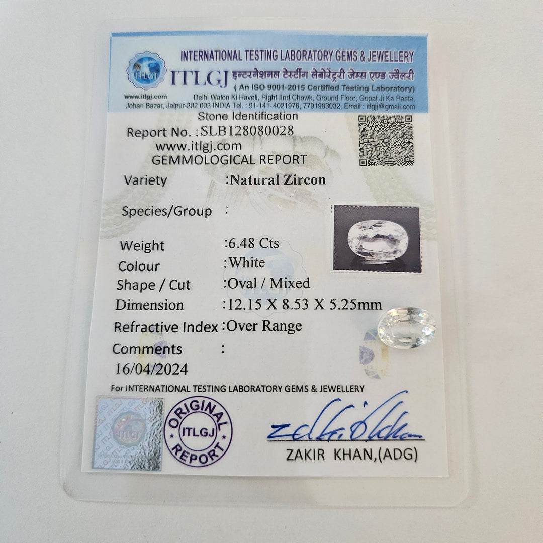 Certified White Zircon 6.47 Cts (7.12 Ratti)