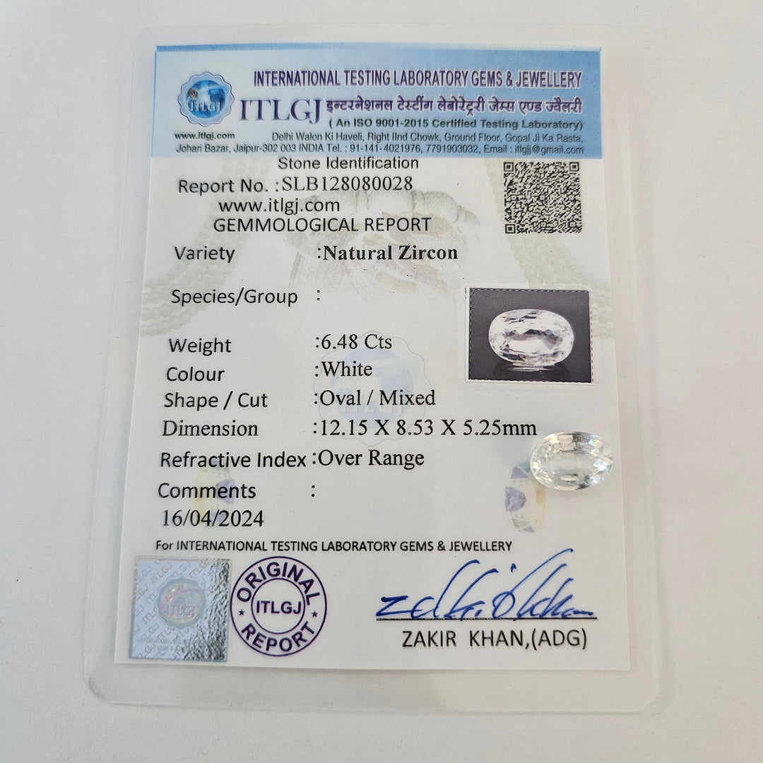 Certified White Zircon 6.47 Cts (7.12 Ratti) USVW60