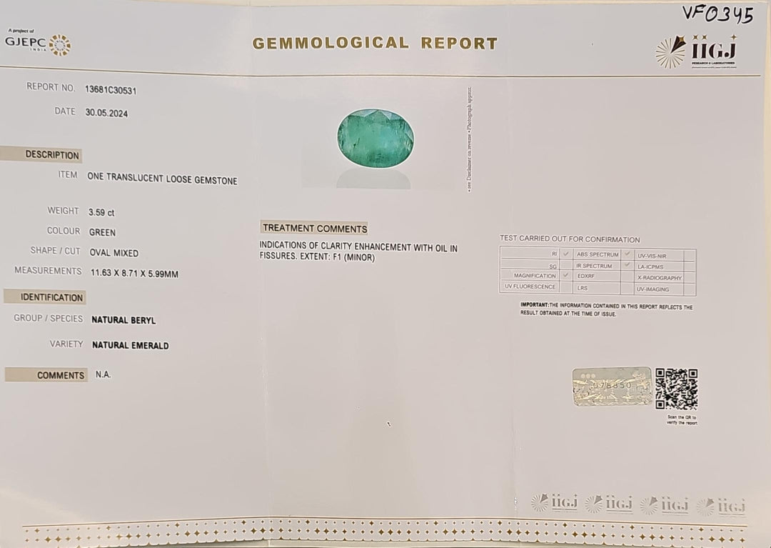 Certified Zambian Emerald (Panna)-3.61 Carats (3.97 Ratti) Zambia VF0345