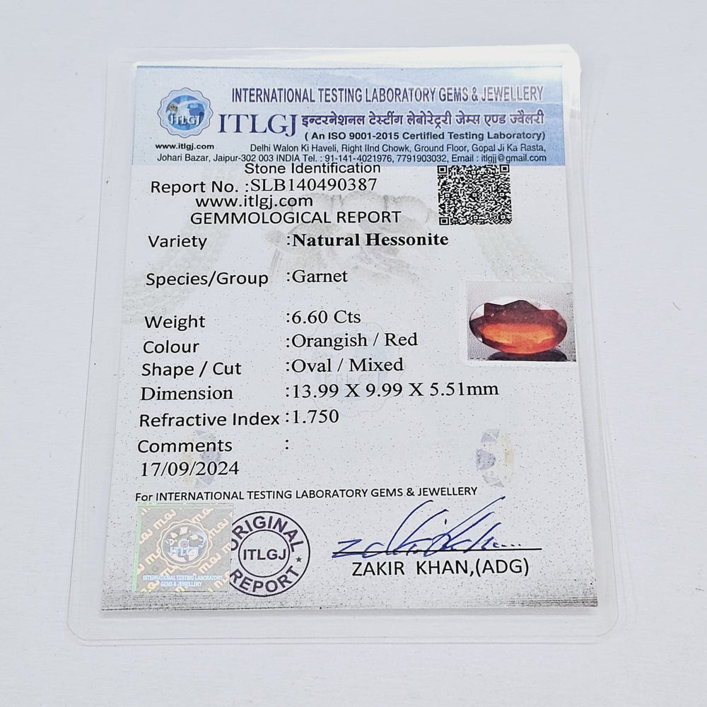 Certified Hessonite (Gomed) 6.60 Cts (7.26 Ratti) India VGNF97