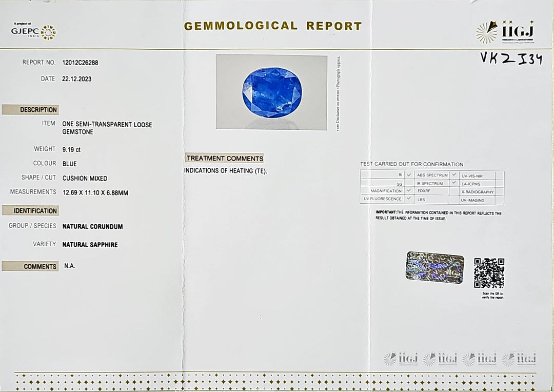 Certified Blue Sapphire (Neelam) 9.19 Cts (10.12 Ratti) Sri Lanka (Ceylon)