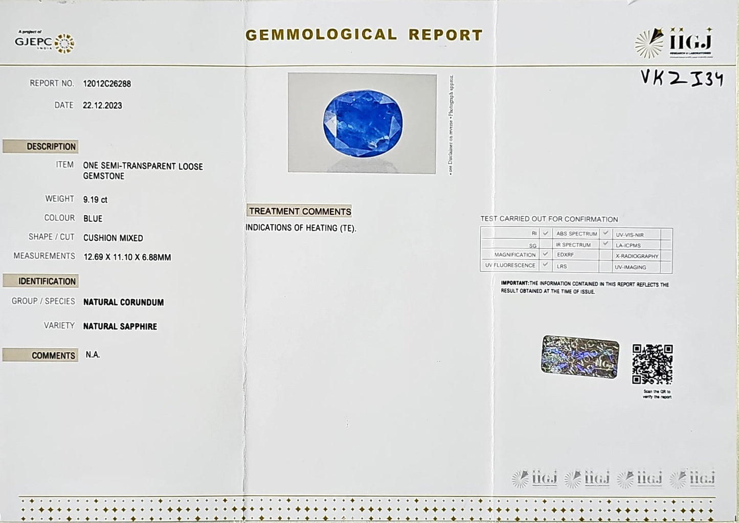 Certified Blue Sapphire-9.19 Carats (10.12Ratti) Sri Lanka (Ceylon), SKU:VKZI34