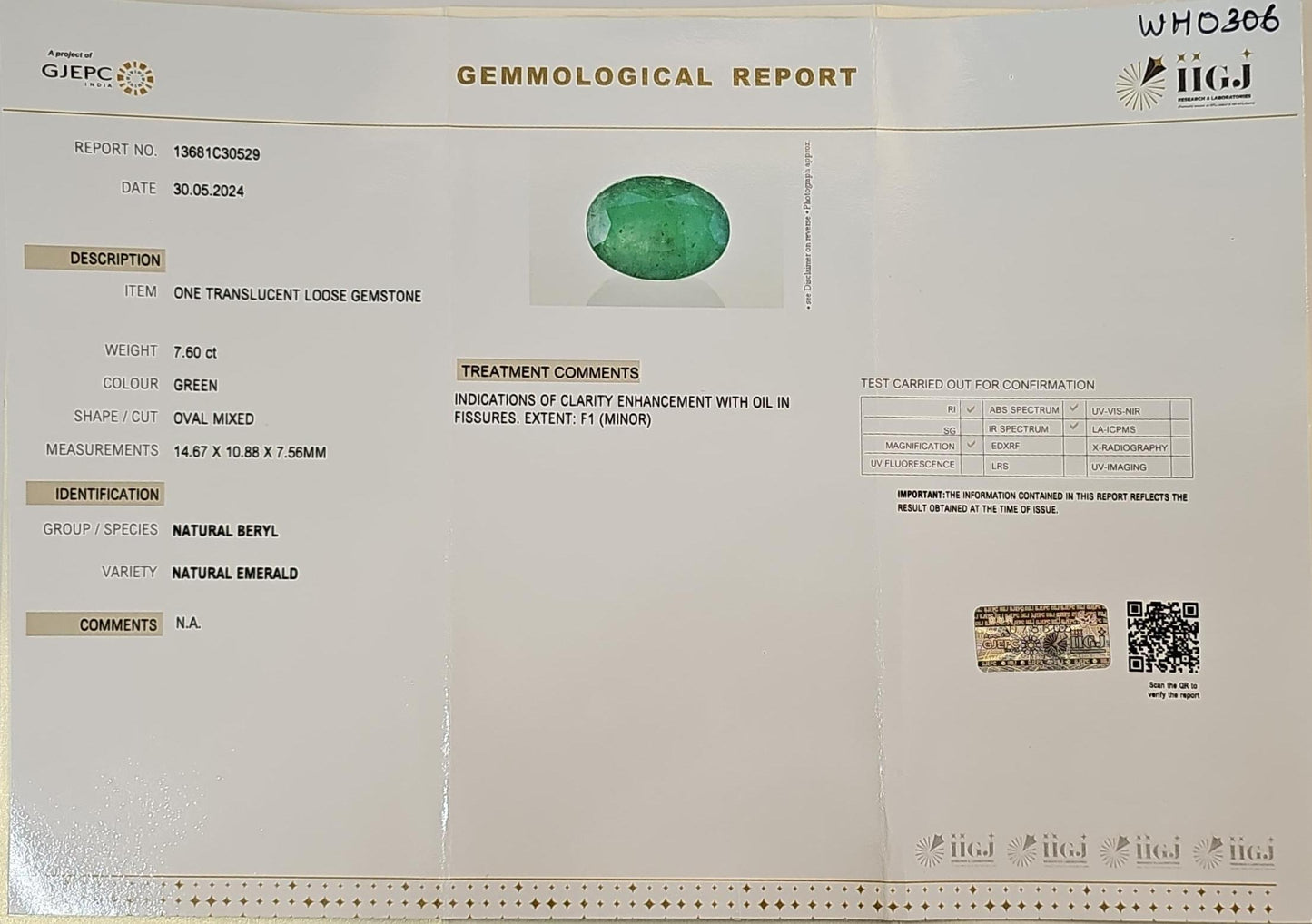 Certified Zambian Emerald (Panna)-7.66 Carats (8.43 Ratti) Zambia, SKU:Wh0306