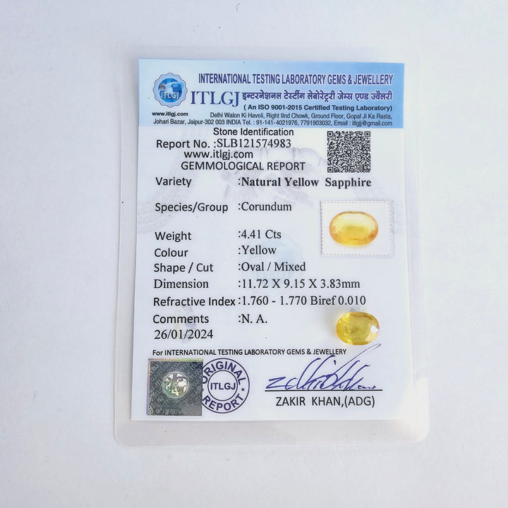 Yellow Sapphire (Pukhraj) 4.40 Cts (4.84 Ratti) Thailand