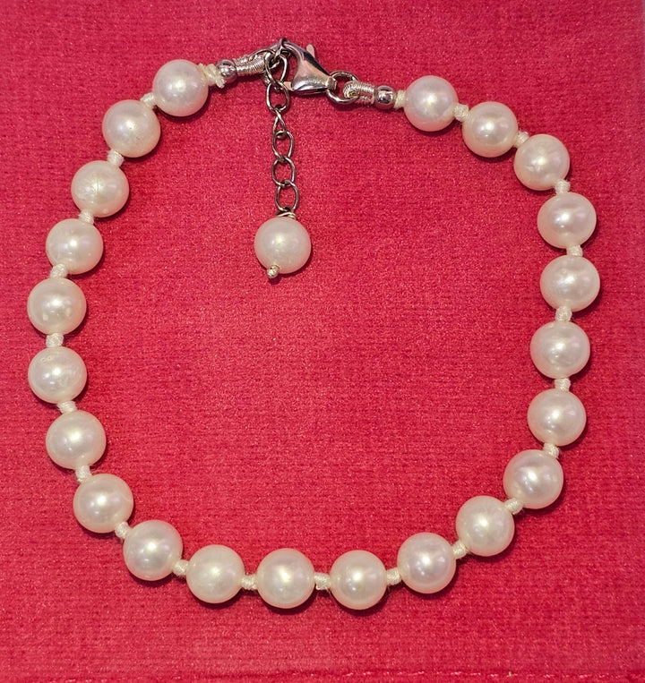 Freshwater White Pearl Bracelet 925 Sterling Silver | Knot Pearl Bracelets 6-7mm Round