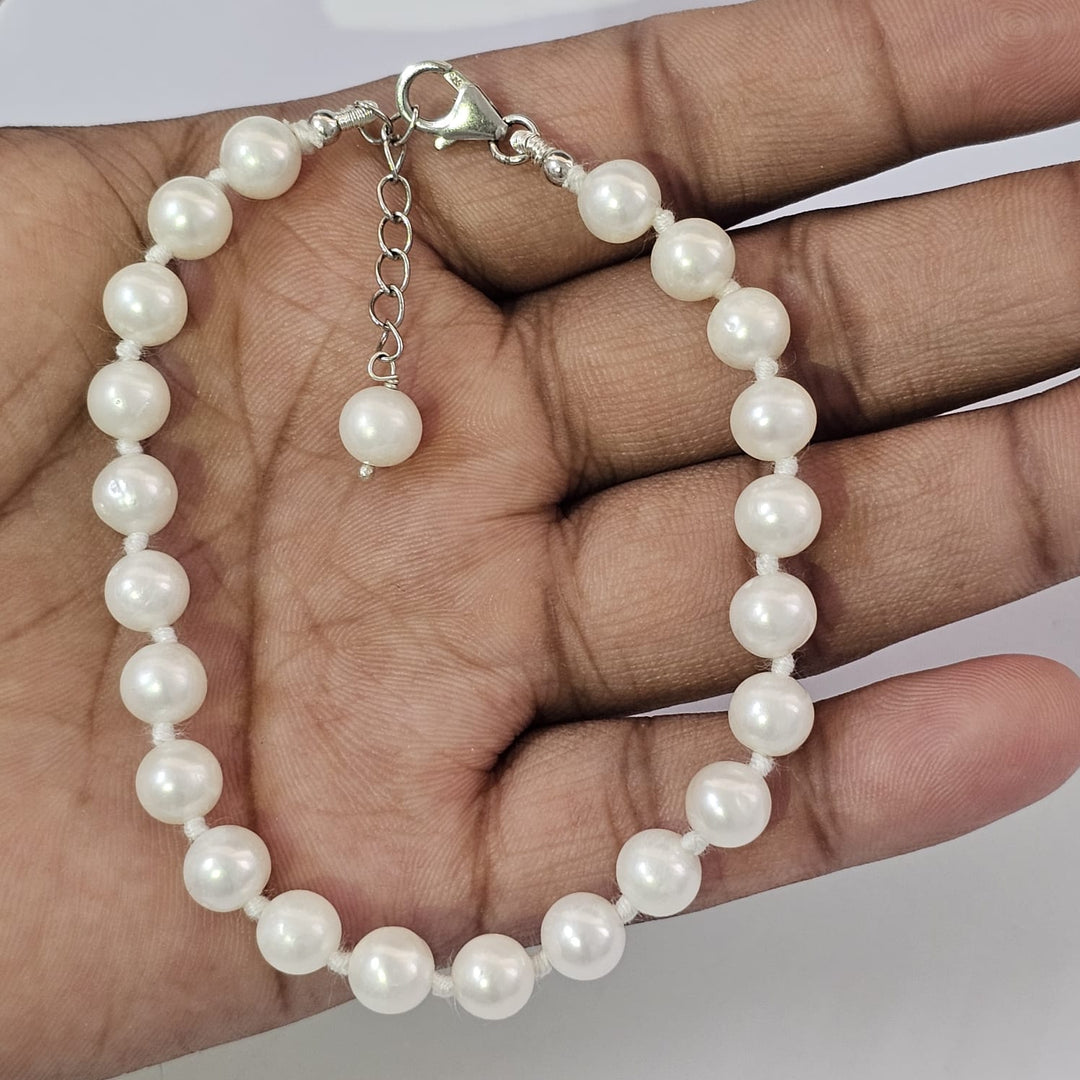 Freshwater White Pearl Bracelet 925 Sterling Silver | Knot Pearl Bracelets 6-7mm Round