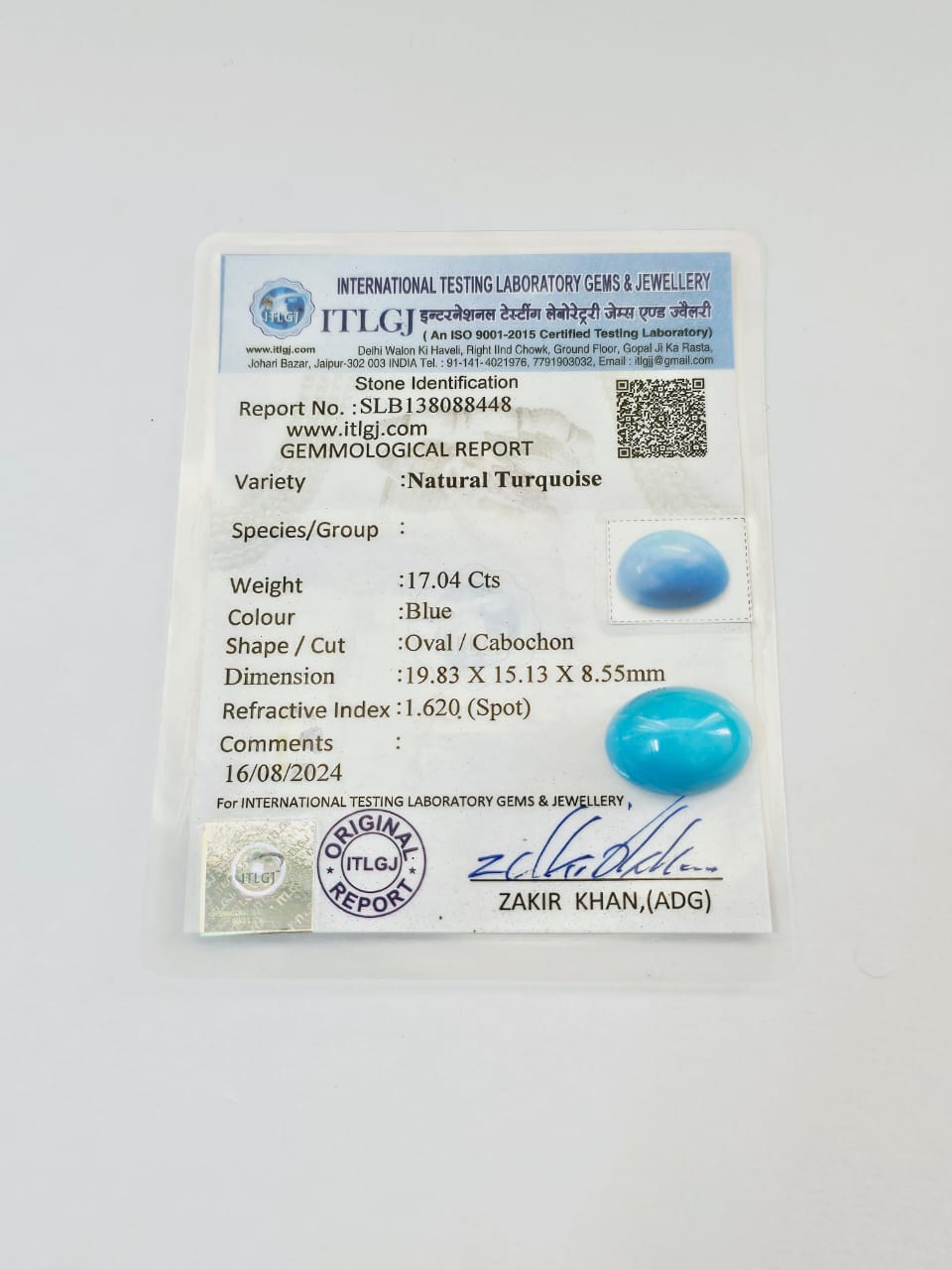 Certified Arizona Turquoise (Firoza) Oval 17.04 Cts (18.74 Ratti)