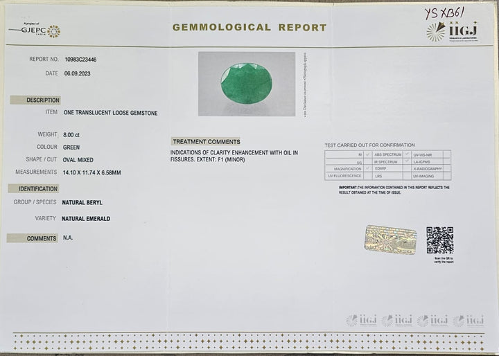 Certified Zambian Emerald (Panna)-8.00 Carats (8.80 Ratti) Zambia, SKU:YSXB61