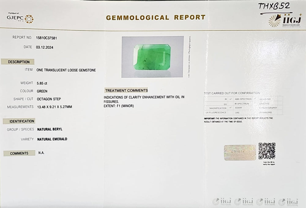 Certified Zambian Emerald (Panna)-5.85 Carats (6.43 Ratti) Zambia, SKU: THXB52