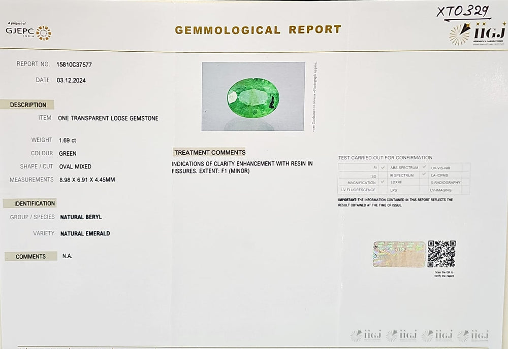 Certified Zambian Emerald (Panna)-1.69 Carats (1.85 Ratti) Zambia, XT0329