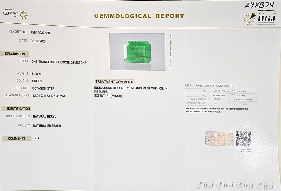 Certified Zambian Emerald (Panna)-6.08 Carats (6.68 Ratti) Zambia, SKU: ZYXB74