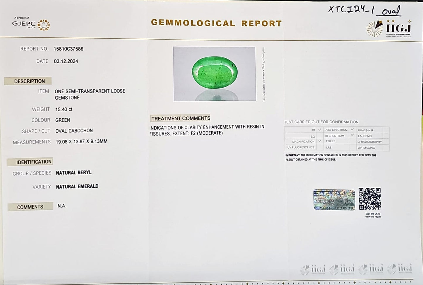 Certified Emerald (Panna)-15.40 Carats (16.94 Ratti) Brazil, SKU:XTCI24_Oval15.40