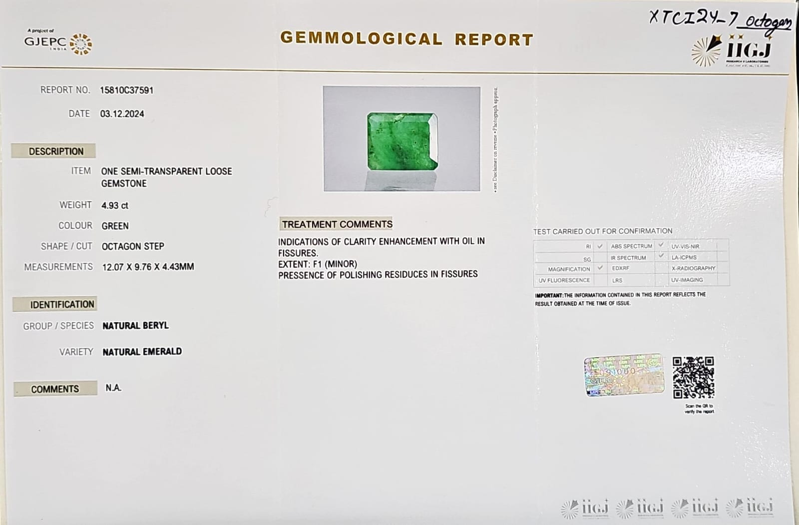 Certified Emerald (Panna)-4.93 Carats (5.42 Ratti) Zambia, SKU:XTCI24_Octa4.93