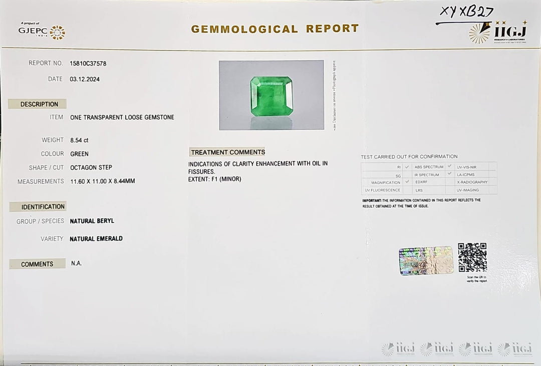 Certified Zambian Emerald (Panna)-8.54 Carats (9.39 Ratti) Zambia, SKU: XYXB27