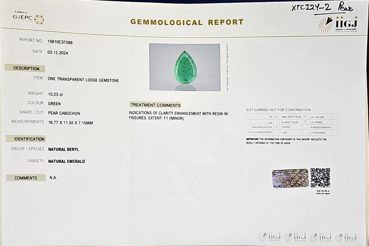 Certified Emerald (Panna)-10.23 Carats (11.25 Ratti) Zambian, SKU: XTCI24_Pear10.23