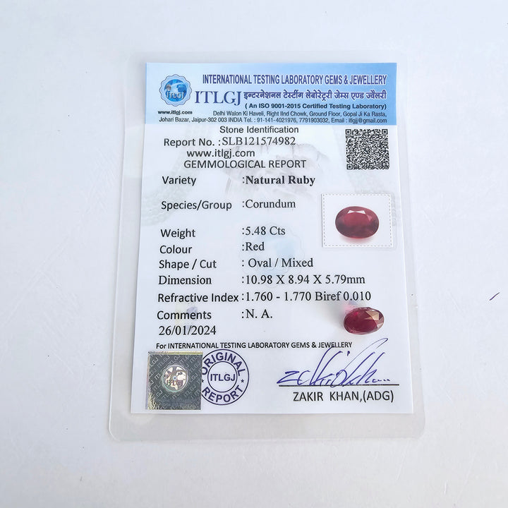 Certified Ruby (Manik) 5.55 Cts (6.10 Ratti) Madagascar