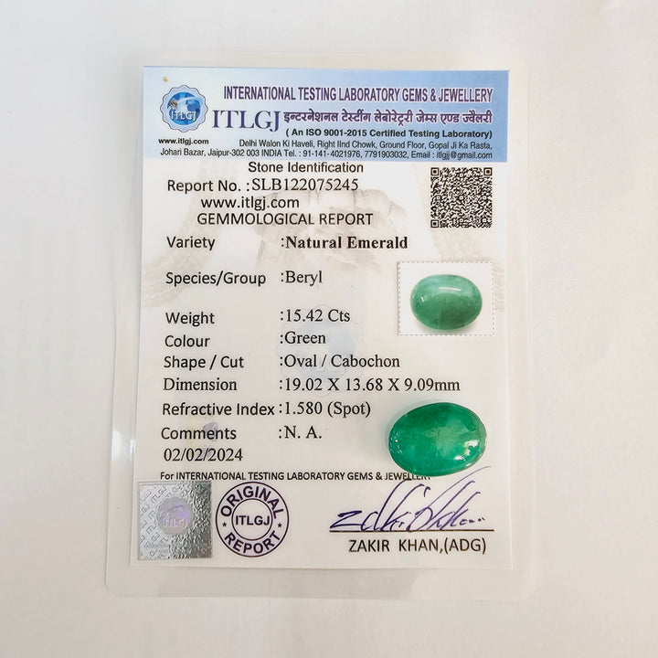 Certified Emerald (Panna)-15.60 Carats (17.16 Ratti) Brazil, SKU:XTCI24_Oval15.60