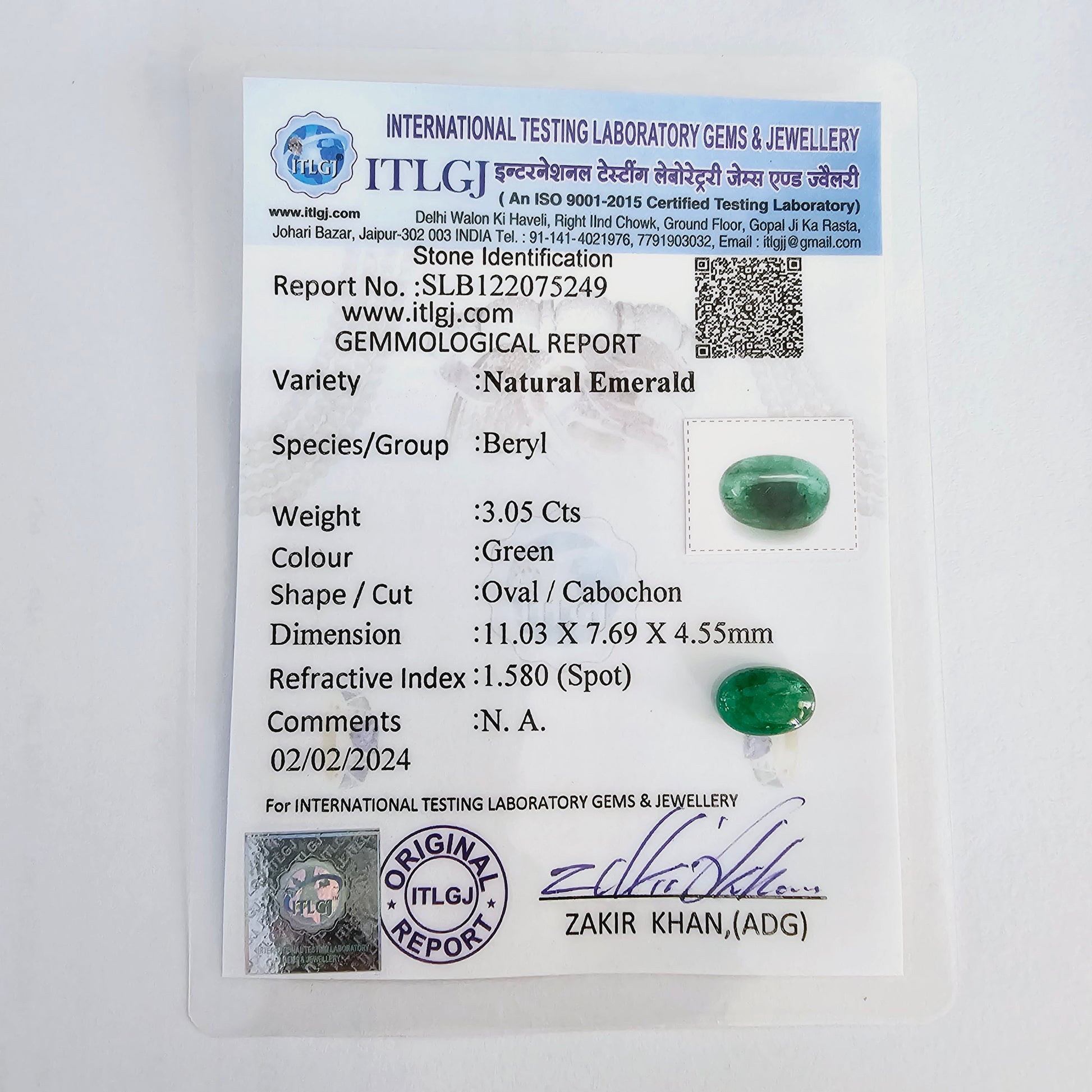 Certified Emerald (Panna)-3.05 Carats (3.35 Ratti) Brazil, SKU:XTCI24_Oval3.05