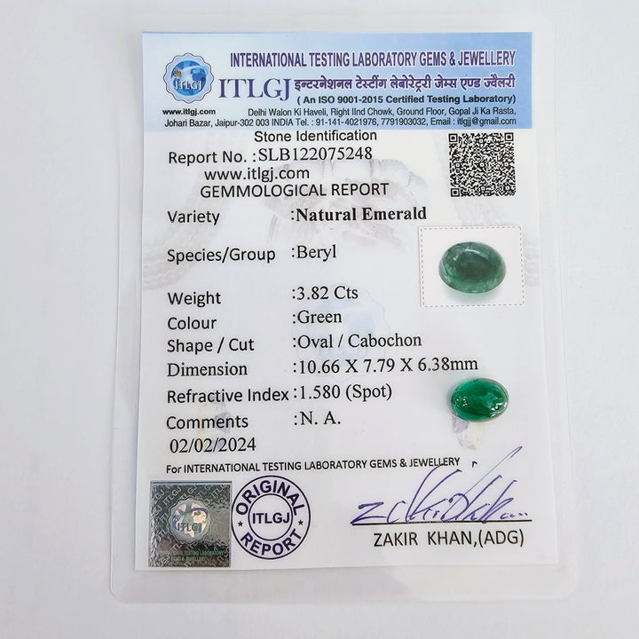 Certified Emerald (Panna)-3.80 Carats (4.18 Ratti) Brazil, SKU:XTCI24_Oval3.80